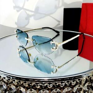 Luxury Rimless Round Cut Sunglasses Green Lens Gold Frame with High-Quality
